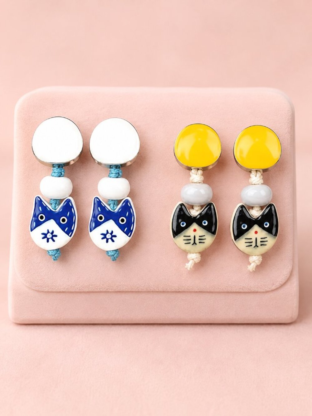 2 Pairs Kitty Cat Ceramic Beaded Hypoallergenic Etsy Earrings Fun Kitten Lovers